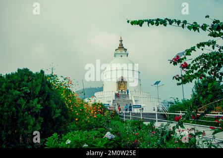 Die wunderschöne und berühmte Weltfriedenspagode in Pokhara, Nepal. Umgeben von wunderschönen Blumen und Grün auf dem Gipfel der Hügel. Stockfoto