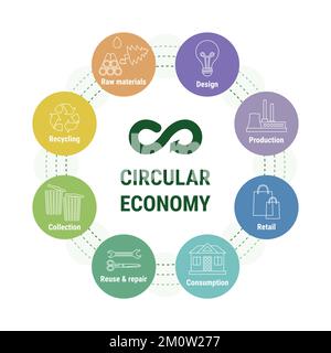 Infografik zur Kreislaufwirtschaft in einem farbigen Symboldiagramm. Nachhaltiges Geschäftsmodell. Schema des Produktlebenszyklus vom Rohstoff bis zur Produktion, Stock Vektor