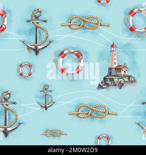 Nautisches Muster mit handgezeichneten Elementen wie Lebensretter, Seil, Anker und Leuchtturm. Digitale Illustration. Stockfoto