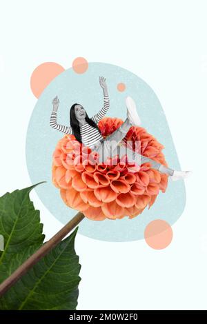 Kreative 3D-Fotocollage Kunstwerke Gemälde einer charmanten glücklichen Frau, die eine riesige Blume sitzt, isolierter Zeichnungshintergrund Stockfoto