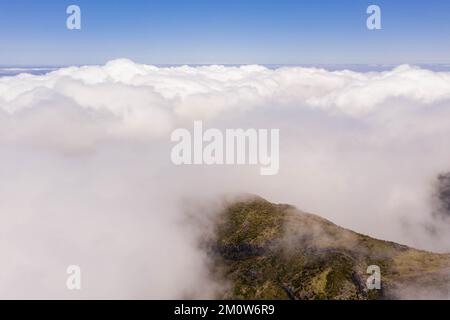 Blick von der Drohne auf den Berggipfel, der im Sommer im Nebel versinkt Stockfoto
