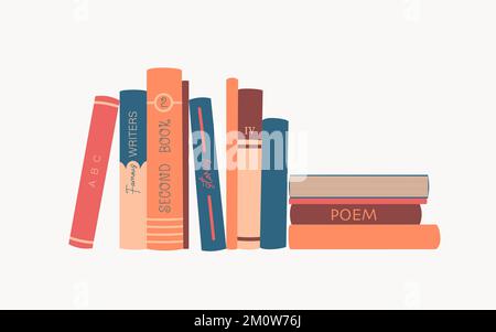 Buchrücken. Bücherregal mit verschiedenen Büchern. Vektor-isolierte Darstellung auf weißem Hintergrund. Stock Vektor