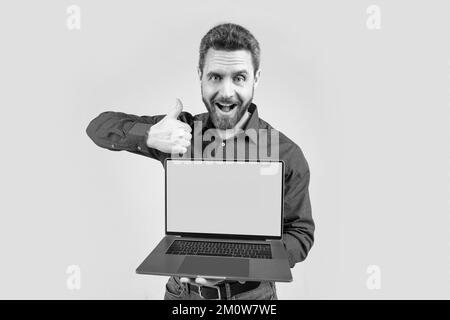 Webinar pc-Werbung. Geschäftsmann präsentiert Produkt. Erfolg. Präsentation am Computer. Stockfoto