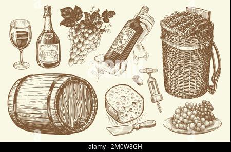 Weinkonzept Vintage-Set. Flasche, Weinrebe, Weinberg, Korkenzieher, Traubenbündel im Korb, Käse. Skizze eines Weinguts Stock Vektor
