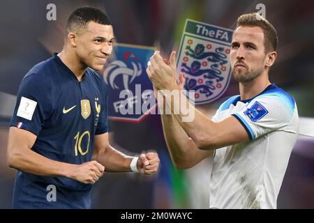 Doha, Katar. 08.. Dezember 2022. FOTOMONTAGE: Vorschau des Spiels England – Frankreich auf 10,12. 2022 Kylian MBAPPE (FRA) trifft Harry KANE (eng). Viertelfinale, Viertelfinale, Fußball-Weltmeisterschaft 20122 in Katar ab 20,11. - 18.12.2022? Kredit: dpa/Alamy Live News Stockfoto