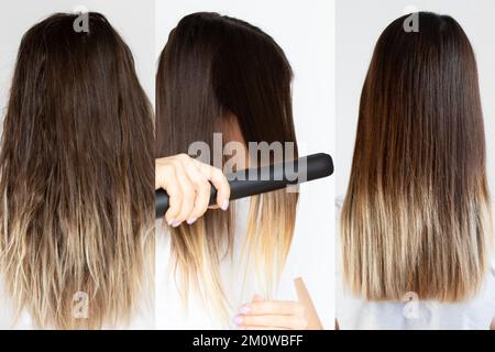 Drei Fotos mit einem Beispiel für Haare ohne Haarglättung mit einem Lockenstab, das zweite mit einem Lockenstab und ein Beispiel nach dem Haarglätten Stockfoto