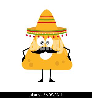 Nachos in Sombretro. Fröhliche Figur mit Lächeln und Schnurrbart. Traditionelle Mexikanische Küche. Cartoon auf Weiß Stock Vektor