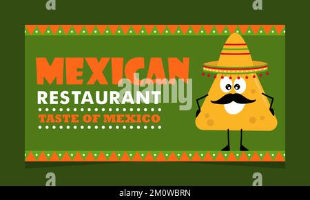 Nachos in Sombretro. Fröhliche Figur mit Lächeln und Schnurrbart. Traditionelle Mexikanische Küche. Landing-Banner mit Aktion. Mexikanisches Restaurant. Stock Vektor