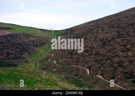 Zwei Personen auf dem Top of the Bi-Pass Path rund um Cambeak Headland auf dem South West Coastal Path in Cornwall, England, Großbritannien. Stockfoto