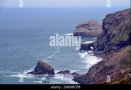 Samphire Rock, Northern Door Arch und Cambeak vom South West Coastal Path in Cornwall, England, Großbritannien. Stockfoto