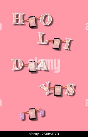 Telefone, in deren Händen die Buchstaben stehen, die die Inschrift Urlaub, kreatives Design, Feiertage und Einkaufszeit ausmachen, rosa Hintergrund Stockfoto