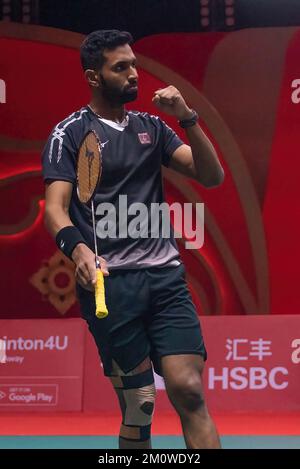 Bangkok, Thailand. 08.. Dezember 2022. Prannoy H. S. of India wurde während der Single von Badminton Menís in Aktion bei den HSBC BTW World Tour Finals 2022 im Nimibutr Stadium gesehen. Lu Guang zu gewann Prannoy H. S. 2-1 (23-21, 17-21, 21-19). Kredit: SOPA Images Limited/Alamy Live News Stockfoto