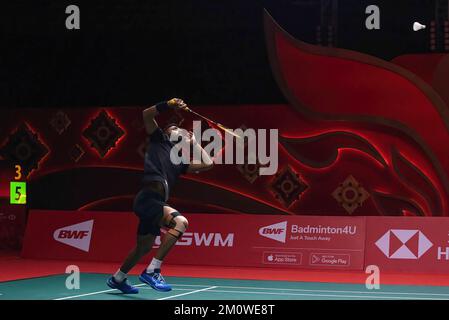 Bangkok, Thailand. 08.. Dezember 2022. Prannoy H. S. of India wurde während der Single von Badminton Menís in Aktion bei den HSBC BTW World Tour Finals 2022 im Nimibutr Stadium gesehen. Lu Guang zu gewann Prannoy H. S. 2-1 (23-21, 17-21, 21-19). (Foto: Peerapon Boonyakiat/SOPA Image/Sipa USA) Guthaben: SIPA USA/Alamy Live News Stockfoto