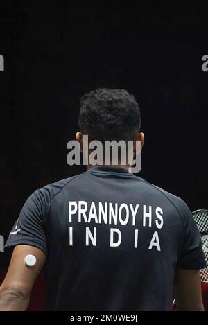 Bangkok, Thailand. 08.. Dezember 2022. Prannoy H. S. of India wurde während der Single von Badminton Menís in Aktion bei den HSBC BTW World Tour Finals 2022 im Nimibutr Stadium gesehen. Lu Guang zu gewann Prannoy H. S. 2-1 (23-21, 17-21, 21-19). (Foto: Peerapon Boonyakiat/SOPA Image/Sipa USA) Guthaben: SIPA USA/Alamy Live News Stockfoto