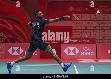 Bangkok, Thailand. 08.. Dezember 2022. Prannoy H. S. of India wurde während der Single von Badminton Menís in Aktion bei den HSBC BTW World Tour Finals 2022 im Nimibutr Stadium gesehen. Lu Guang zu gewann Prannoy H. S. 2-1 (23-21, 17-21, 21-19). (Foto: Peerapon Boonyakiat/SOPA Image/Sipa USA) Guthaben: SIPA USA/Alamy Live News Stockfoto