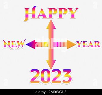 Eine abstrakte, farbenfrohe Schrift „Happy New Year 2023“, isoliert auf weißem Hintergrund mit Pfeilen. Design-Vorlage für Grußkarten Stockfoto