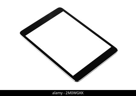 Digital Tablet isoliert auf weißem Hintergrund mit drei Vierteln Mockup, Neues, rahmenloses Tablet ohne Rahmen in Schwarz mit weißem Bildschirm Stockfoto