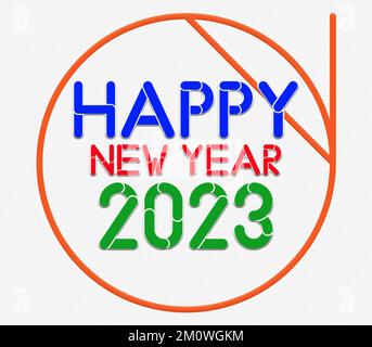 Ein abstrakter, farbenfroher Text zum Neujahr 2023 in runder Form, isoliert auf weißem Hintergrund. Neujahrsfeier-Konzept Stockfoto