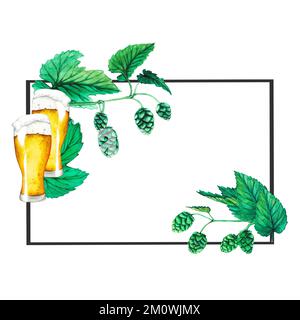 Ein Glas Bier, Hopfen und Blätter. Rahmenfarbe. Clip Art Bierkollektion für das Oktoberfest. Stockfoto