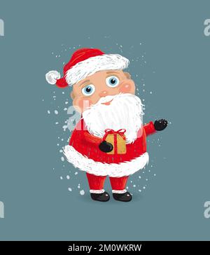 der weihnachtsmann mit einem Geschenk, eine Einzeldarstellung vor dem Hintergrund von herabfallendem Schnee. Vektordarstellung Stock Vektor