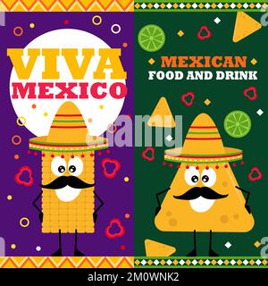Mexikanisches Essen. Vertikale Vektorbanner mit fröhlichen Figuren in Sombretro, mit Schnurrbart. Werbevektordarstellung. Mexikanisches Restaurant. Stock Vektor