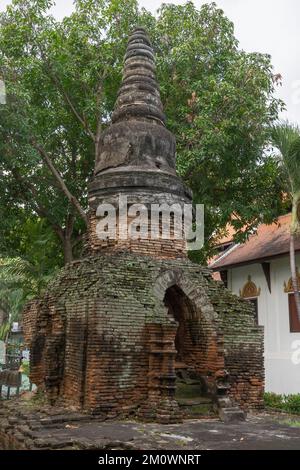 Vertikaler Blick auf wunderschöne antike Backsteingebäude Stupa oder Chedi zwischen alten Bäumen im historischen buddhistischen Tempel Wat Umong Mahathera Chan, Chiang Mai, Thailand Stockfoto