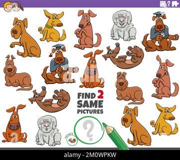 Cartoon Illustration der Suche nach zwei gleichen Bildern pädagogische Aufgabe mit Comic-Hunde Tierfiguren Stock Vektor