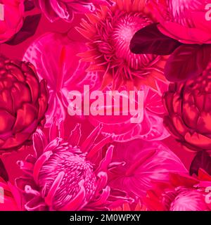 Nahtloses Protea-Muster. Viva Magenta Color Trendige Farbe 2023. Aquarell-realistische Blüten von protea und Anthurium. Hintergrund der Illustration. Stoff Stockfoto