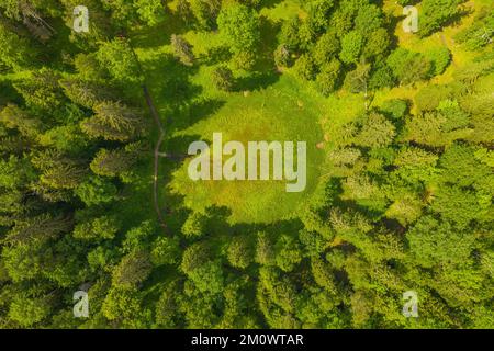 Drohnenfotografie eines großen alten Sinklochs mitten im Wald während des Sommertages Stockfoto