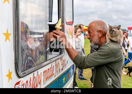 A man kauft ein Eis mit Einer Hauskatze auf den Schultern, Hartfield Village Fete, Hartfield, East Sussex, Großbritannien. Stockfoto