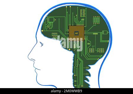 Konzept 3D Illustration eines elektronischen Chips in Form eines menschlichen Gehirns im elektronischen Cyberspace. Künstliche Intelligenz im Gehirn. Stockfoto