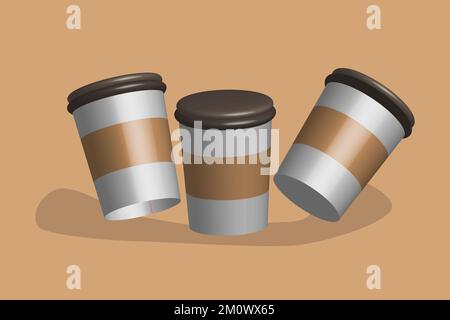 Ein Vektordesign von 3D-Rendering von Kaffee- und Teepapierbechern, isoliert auf braunem Hintergrund Stock Vektor