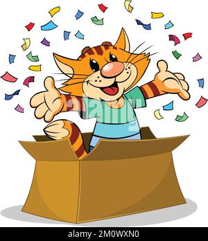 Eine Vektordarstellung einer roten Katze, die in einem Cartoon gestreift ist, springt aus einer großen Schachtel. Stock Vektor