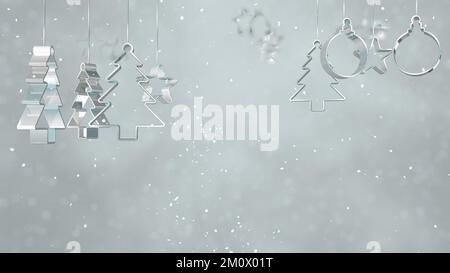 Reflektierender silberner Weihnachtsbaum, Stern- und Glühbirnenverzierungen, die mit Schneepartikeln auf weißem, unscharfem Hintergrund hängen. 3D Illustratio Stockfoto