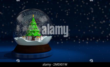 Weihnachtsbaum dekoriert mit Glühbirnen und Zuckerstangen umgeben von Geschenkboxen auf einem Schneefeld mit Partikeln, die in eine Glaskugel fallen Stockfoto
