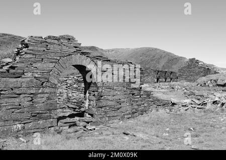 Verlassene Steinbruch Arbeiter Cottages, Cwmorthin, Tanygrisiau, Blaenau Ffestiniog, Wales Stockfoto