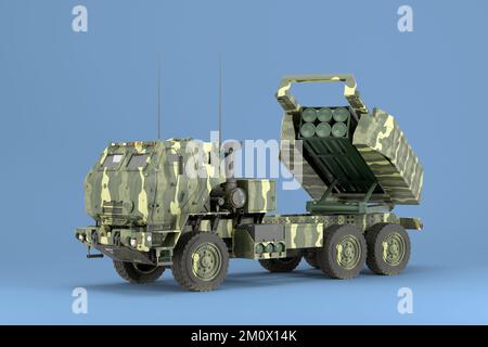 Himars High Mobility Artillery Raketensystem Landvermietungen für die ukraine 3D Rendern auf Blau Stockfoto