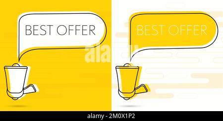 Bestes Angebot. Megafon und farbenfrohe gelbe Sprechblase mit Zitat. Blogmanagement, Bloggen und Schreiben für die Website. Konzeptposter für Soziales Stock Vektor