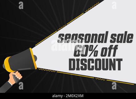 Saisonangebot 60 % Rabatt. Megafon-in-Hand-Werbebanner. Werbewerbung, Marketing-Vorträge oder Kundensupport Stock Vektor