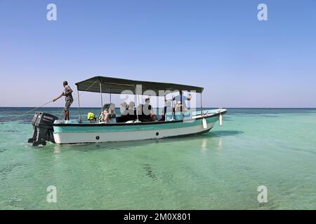 Touristen auf einem Seeausflug zum abgelegenen Dahlak-Archipel im Roten Meer Stockfoto