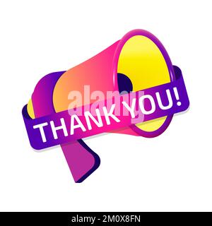Dankeschön-Banner-Label, Abzeichen-Symbol mit Megafon. Flaches Design Stock Vektor