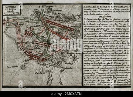 7 Jahre Krieg (1756-1763). Dritter Schlesischer Krieg. Die Schlacht von Leuthen (5.. Dezember 1757). Die preußische Armee von Friedrich dem Großen besiegte die zahlenmäßig unterlegte österreichische Armee unter Prinz Charles Alexander von Lothringen. Veröffentlicht im Jahr 1765 vom Kartografen Jean de Beaurain (1696-1771) als Illustration seiner Großen Karte Deutschlands mit den Ereignissen, die während des Siebenjährigen Krieges stattfanden. Ätzen und Gravieren. Französische Ausgabe, 1765. Militärhistorische Bibliothek von Barcelona (Biblioteca Histórico Militar de Barcelona). Katalonien. Spanien. Stockfoto