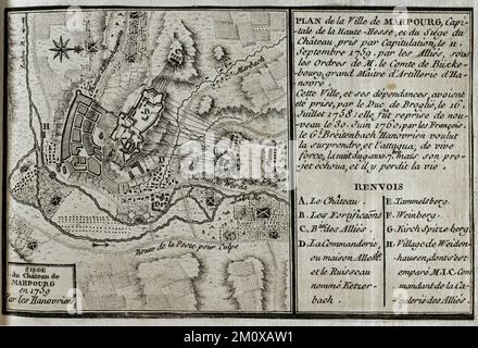 7 Jahre Krieg (1756-1763). Karte von Marburg und Belagerung des Schlosses, 1759. Durch Kapitulation am 11. September 1759 von den Alliierten unter dem Kommando des Grafen von Buckeburg. Marburg wurde am 16. Juli 1758 vom Herzog von Broglie gefangen genommen und am 30. Juni 1760 erneut von den Franzosen beschlagnahmt. Veröffentlicht im Jahr 1765 vom Kartografen Jean de Beaurain (1696-1771) als Illustration seiner Großen Karte Deutschlands mit den Ereignissen, die während des Siebenjährigen Krieges stattfanden. Ätzen und Gravieren. Französische Ausgabe, 1765. Militärhistorische Bibliothek von Barcelona (Biblioteca Histórico Militar de Barcel Stockfoto