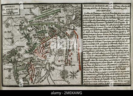 7 Jahre Krieg (1756-1763). Dritter Schlesischer Krieg. Karte der Schlacht von Breslau 1757 (22. November 1757). Preußische Truppen unter dem Kommando von August Wilhelm, Herzog von Brunswick-Bevern, wurden von einer österreichischen Armee unter der Führung von Charles Alexander von Lothringen besiegt. Veröffentlicht im Jahr 1765 vom Kartografen Jean de Beaurain (1696-1771) als Illustration seiner Großen Karte Deutschlands mit den Ereignissen, die während des Siebenjährigen Krieges stattfanden. Ätzen und Gravieren. Französische Ausgabe, 1765. Militärhistorische Bibliothek von Barcelona (Biblioteca Histórico Militar de Barcelona). Katalonien. Spanien. Stockfoto