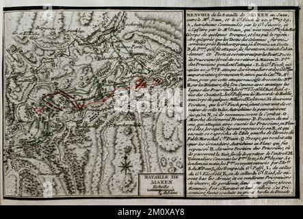 7 Jahre Krieg (1756-1763). Dritter Schlesischer Krieg. Battle of Maxen (20. Und 21. November 1759). Sachsen. Die preußischen Truppen unter General Friedrich August von Fink wurden verlegt, um die Kommunikationswege zwischen Marschall Dauns österreichischer Armee in Dresden und Böhmen anzugreifen. Am 20. November 1759 gelang es Daun, Fincks Preußen zu besiegen. Am nächsten Tag gab Finck auf. Ppublished im Jahr 1765 vom Kartografen Jean de Beaurain (1696-1771) als Illustration seiner Großen Landkarte Deutschlands, mit den Ereignissen, die während des Siebenjährigen Krieges stattfanden. Ätzen und Gravieren. Französische Ausgabe, 1765. Militärhist Stockfoto