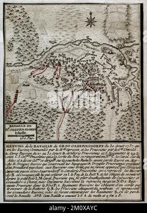 7 Jahre Krieg (1756-1763). Karte der Schlacht von Gross-Jägersdorf (30. August 1757). Ostpreußen. Unter dem Kommando von Feldmarschall Stepan Fyodorovich Apraksin besiegte die russische Armee eine kleinere preußische Truppe unter der Führung von Feldmarschall Hans von Lehwaldt. Es war die erste Schlacht, an der Russland während des Konflikts teilnahm. Veröffentlicht im Jahr 1765 vom Kartografen Jean de Beaurain (1696-1771) als Illustration seiner Großen Karte Deutschlands mit den Ereignissen, die während des Siebenjährigen Krieges stattfanden. Ätzen und Gravieren. Militärhistorische Bibliothek von Barcelona (Biblioteca Histórico Militar de B. Stockfoto