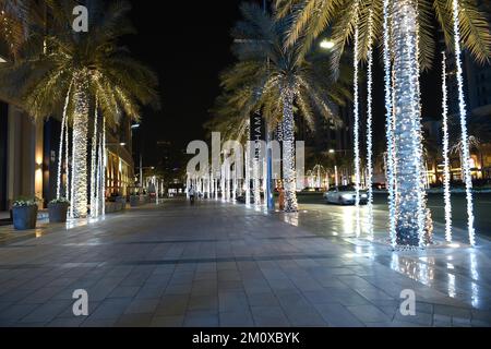 Dubai, beleuchtete Palmen bei Nacht, Vereinigte Arabische Emirate, Asien Stockfoto