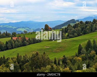 Alpenweiden und bewaldete Hänge in der Berglandschaft der Emmentalen Alpen im Entlebuch UNESCO Biosphärenreservat, Widen, Entlebuch, Luzern, Stockfoto