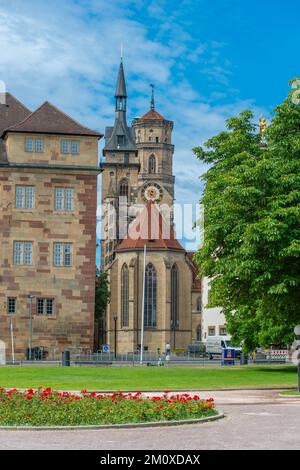 Protestantische Kollegialkirche von 1534, Stuttgart, spätgotischer achteckiger Westturm, romanischer Südturm, Zerstörung, Wiederaufbau, Neubau Stockfoto