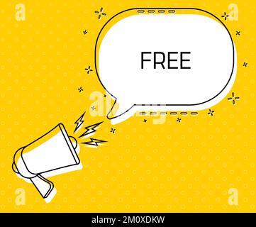 Frei. Megafon und farbenfrohe gelbe Sprechblase mit Zitat. Blogmanagement, Bloggen und Schreiben für die Website. Konzeptposter für soziale Netzwerke Stock Vektor